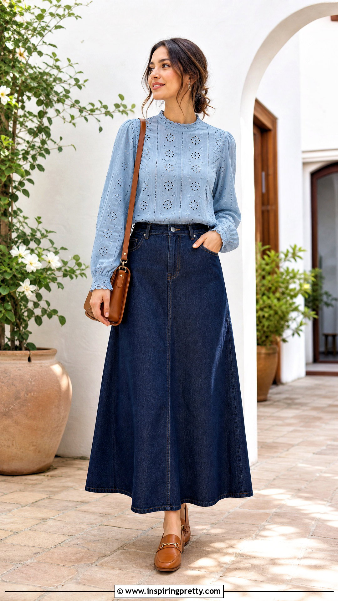 Broderie Modest Blouse With Denim Skirt - 50 modest tops for women