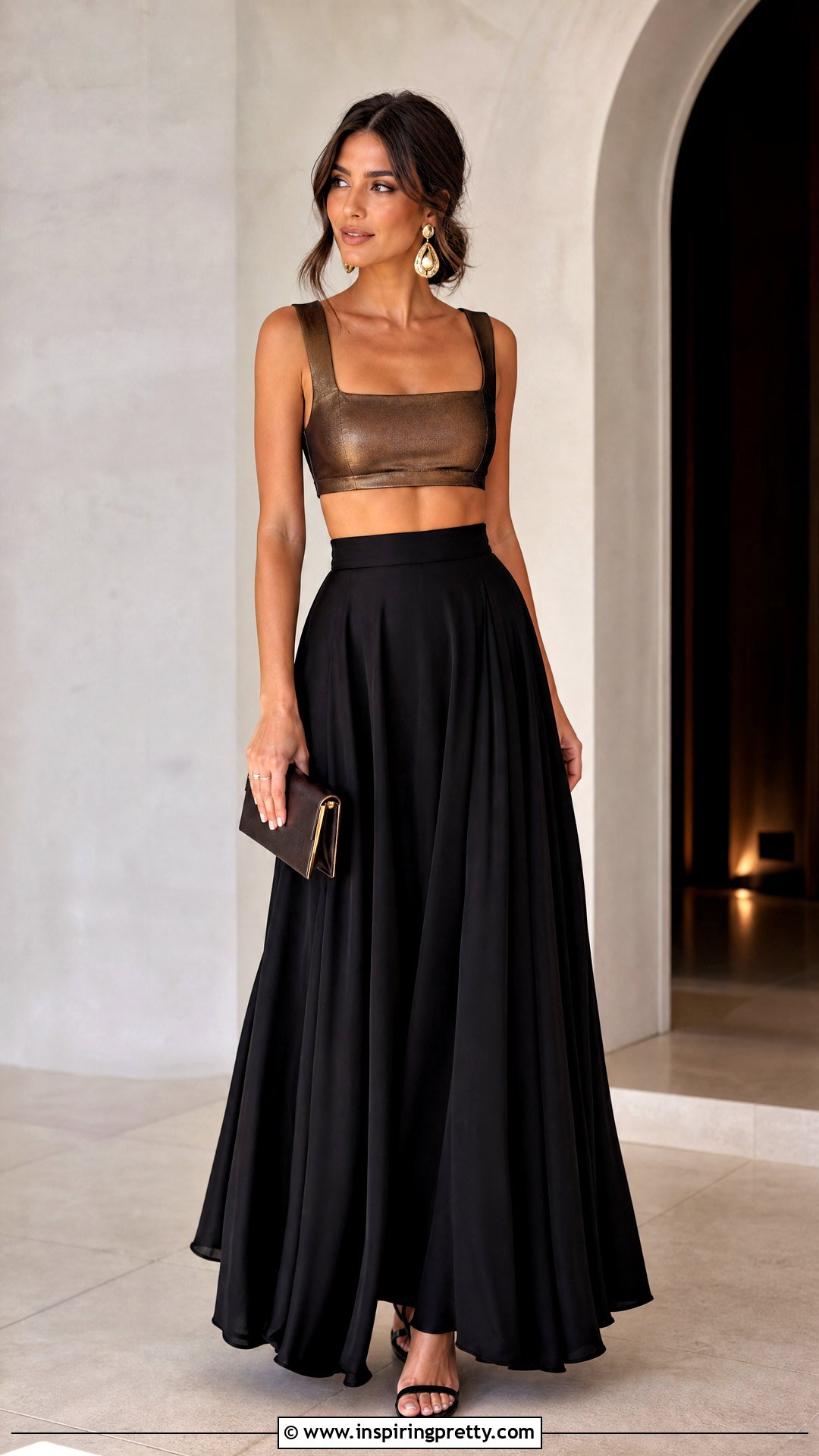 Bronze Crop Top With Black Maxi Skirt - 20 bronze crop top outfit ideas