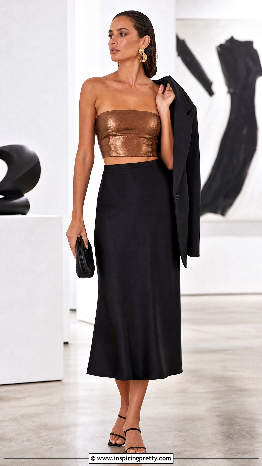 Bronze Crop Top With Black Slip Skirt - 20 bronze crop top outfit ideas