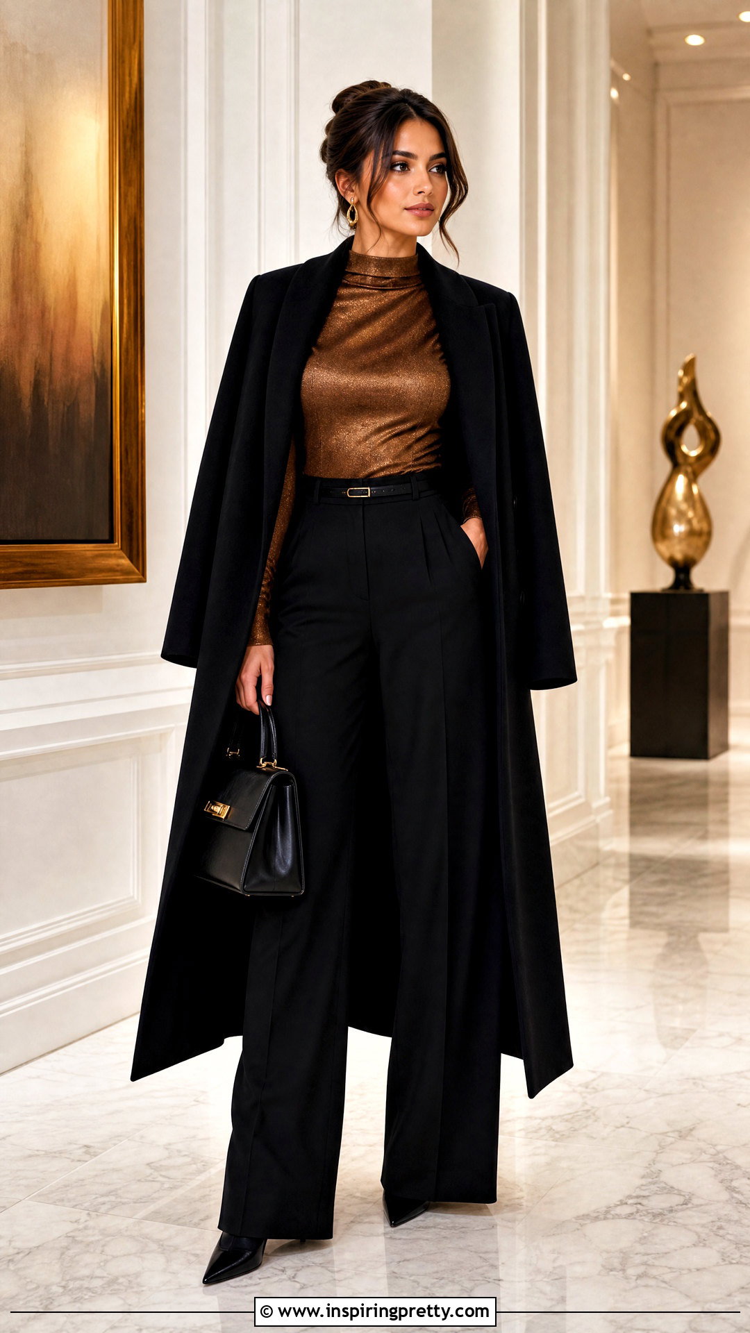 Bronze Shimmer Top With Black Trousers - 25 shiny tops for women