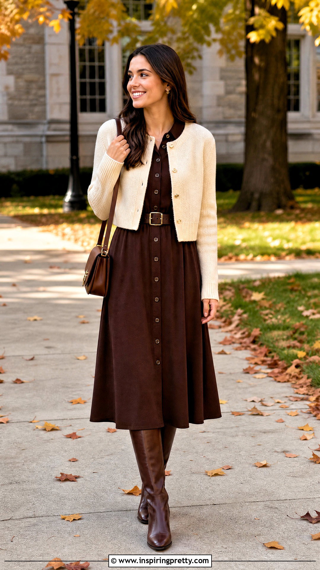 Brown Academia Dress and Cropped Cardigan Outfit - 50 top academia ideas