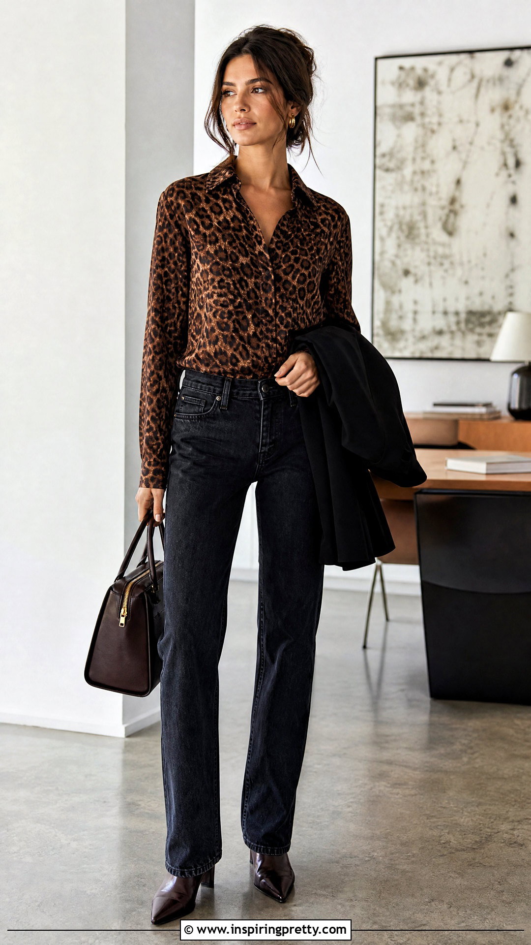 Brown Animal Print Blouse And Blue Jeans - 50 brown top and blue jeans outfit ideas