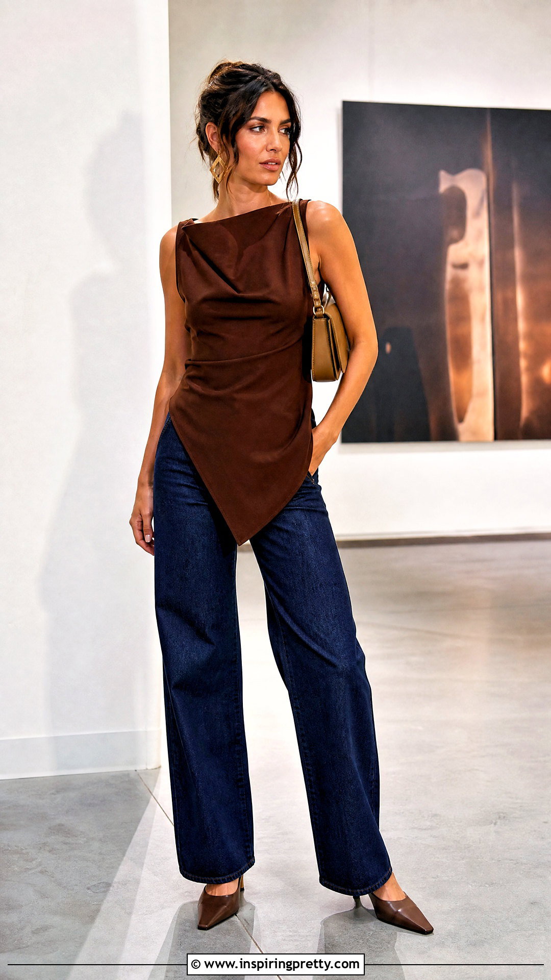 Brown Asymmetrical Top And Blue Jeans - 50 brown top and blue jeans outfit ideas