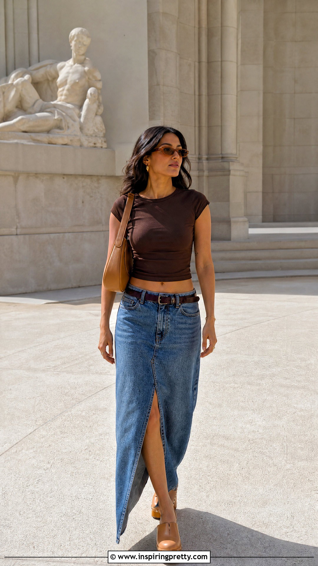 Brown Baby Tee With Denim Maxi Skirt - 20 Baby Tops Y2K Outfit Ideas