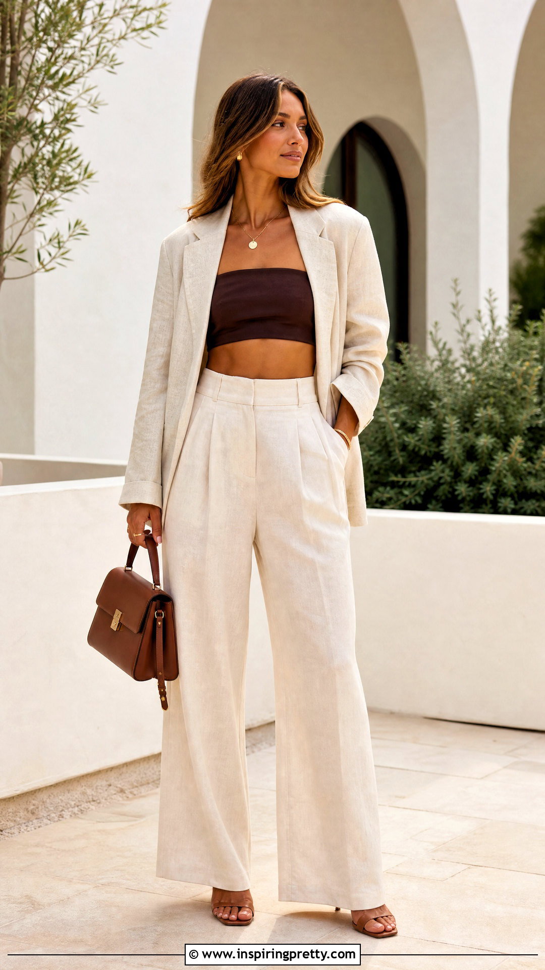 Brown Bandeau Top With Cream Pants - 50 bandeau top outfit ideas