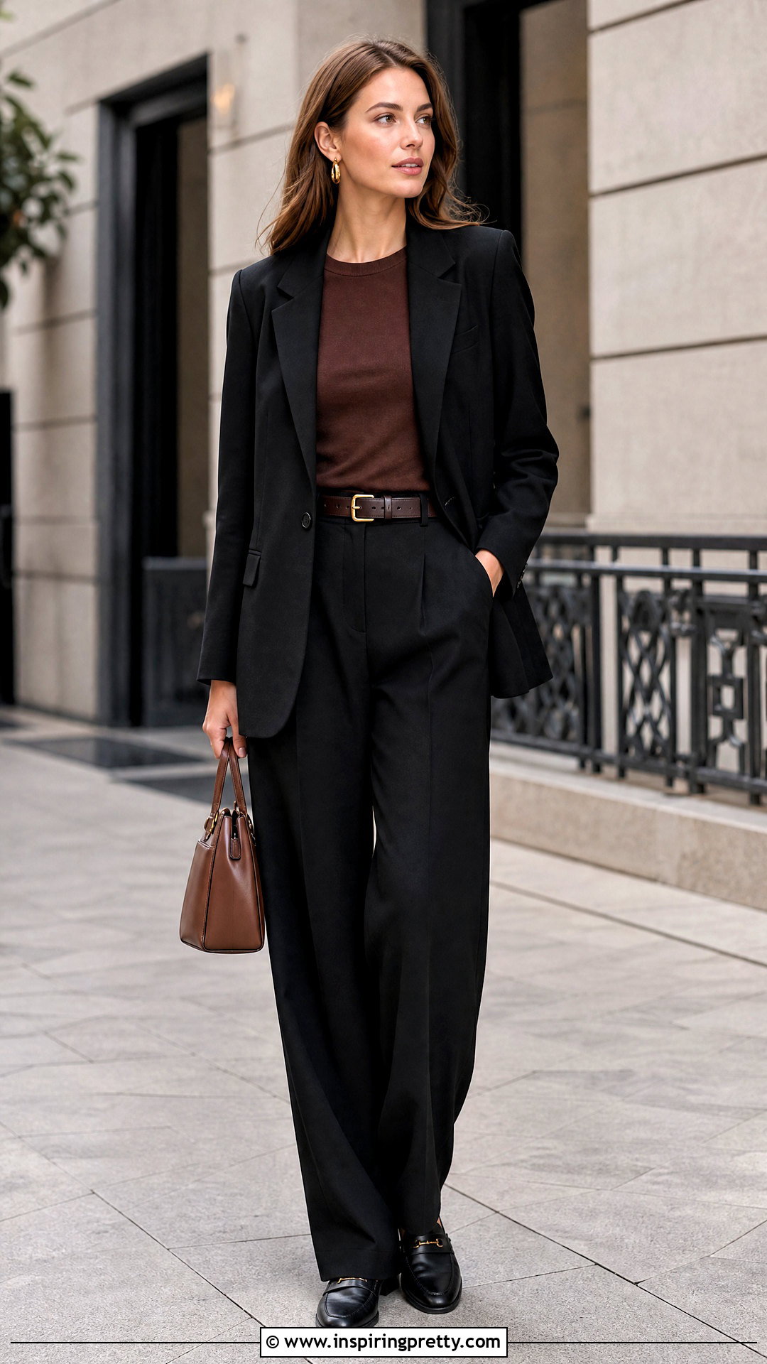 Brown Basic Top With Black Suit - 50 brown basic top outfit ideas