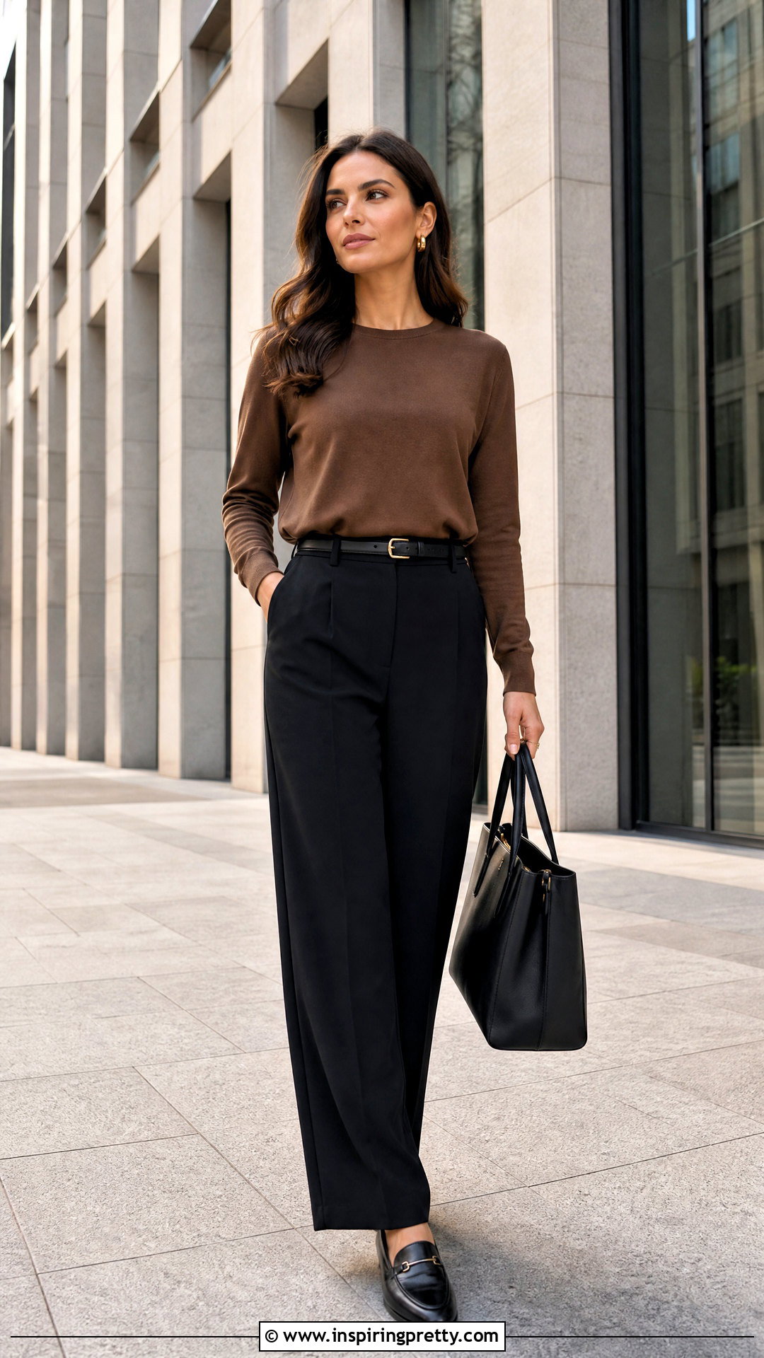 Brown Basic Top With Black Tailored Trousers - 50 brown basic top outfit ideas