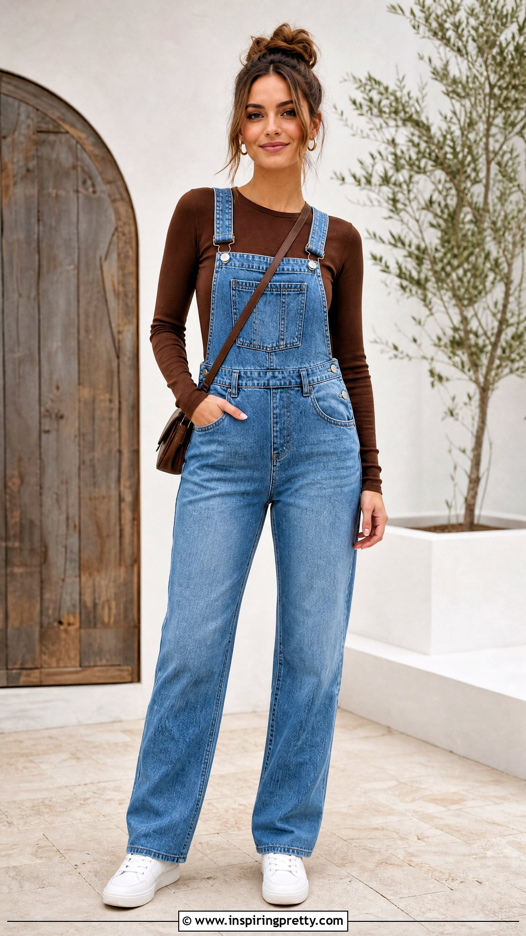 Brown Basic Top With Denim Overalls - 50 brown basic top outfit ideas
