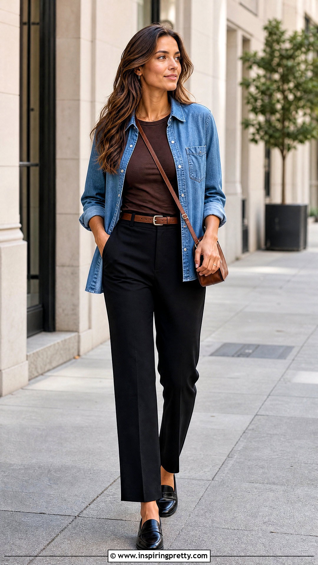 Brown Basic Top With Denim Shirt And Black Pants - 50 brown basic top outfit ideas
