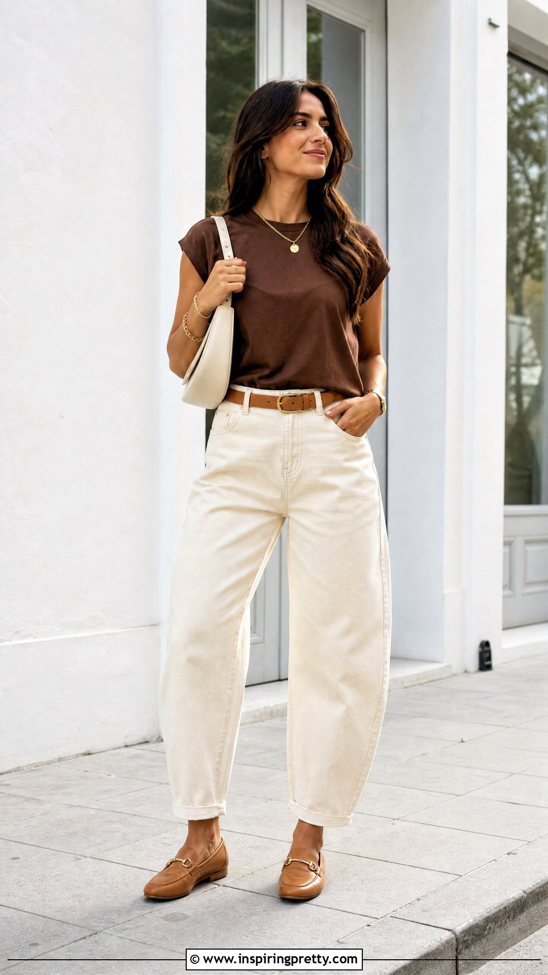 Brown Basic Top With Ecru Jeans - 50 brown basic top outfit ideas