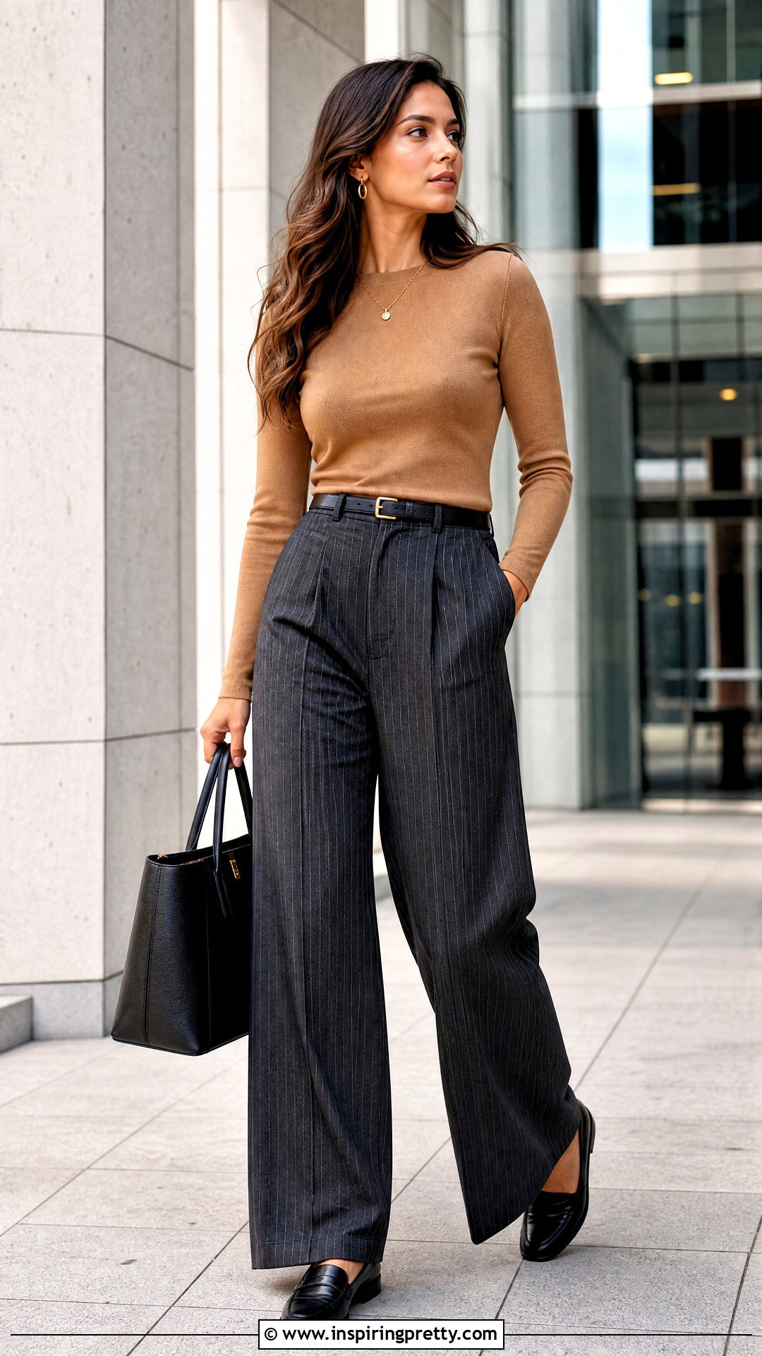 Brown Basic Top With Pinstripe Trousers - 50 brown basic top outfit ideas