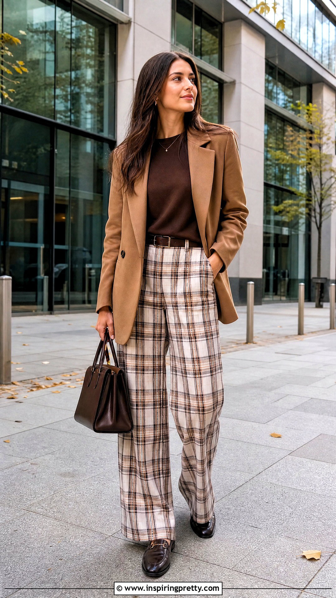Brown Basic Top With Plaid Trousers - 50 brown basic top outfit ideas