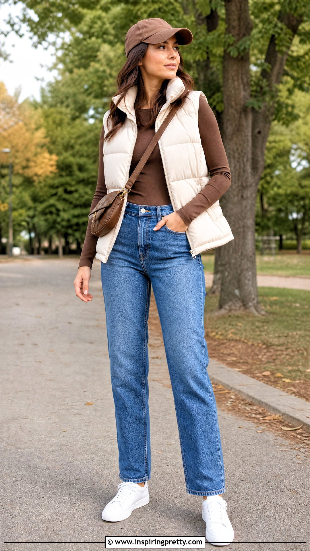 Brown Basic Top With Puffer Vest And Jeans - 50 brown basic top outfit ideas