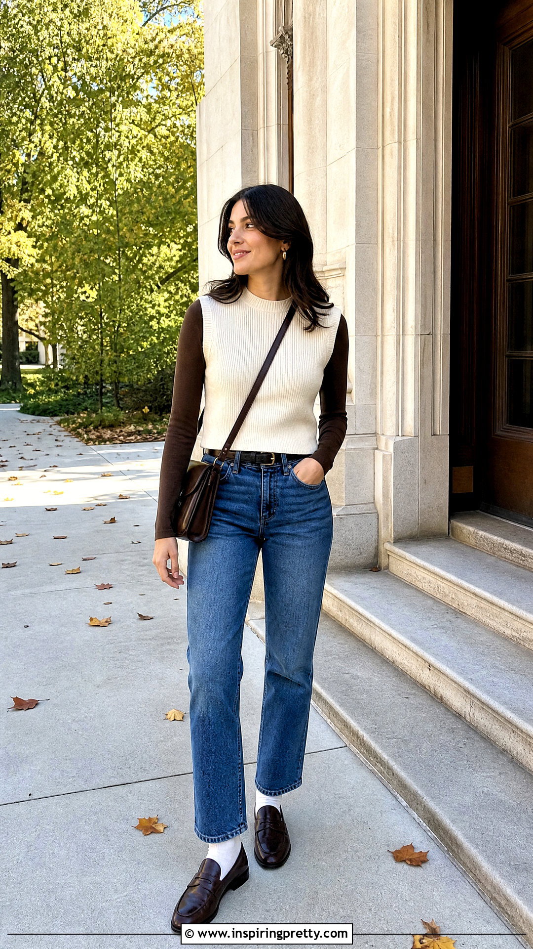 Brown Basic Top With Sweater Vest And Jeans - 50 brown basic top outfit ideas