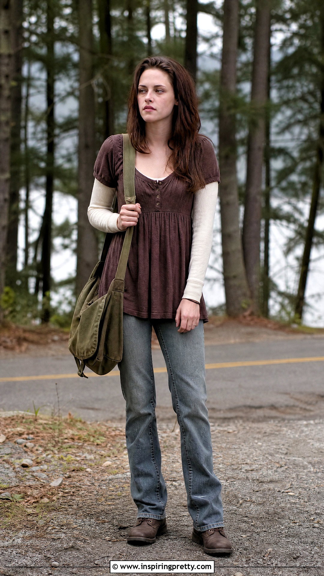 Brown Bella Swan Babydoll Top With Straight Leg Jeans - 25 bella swan babydoll top outfit ideas