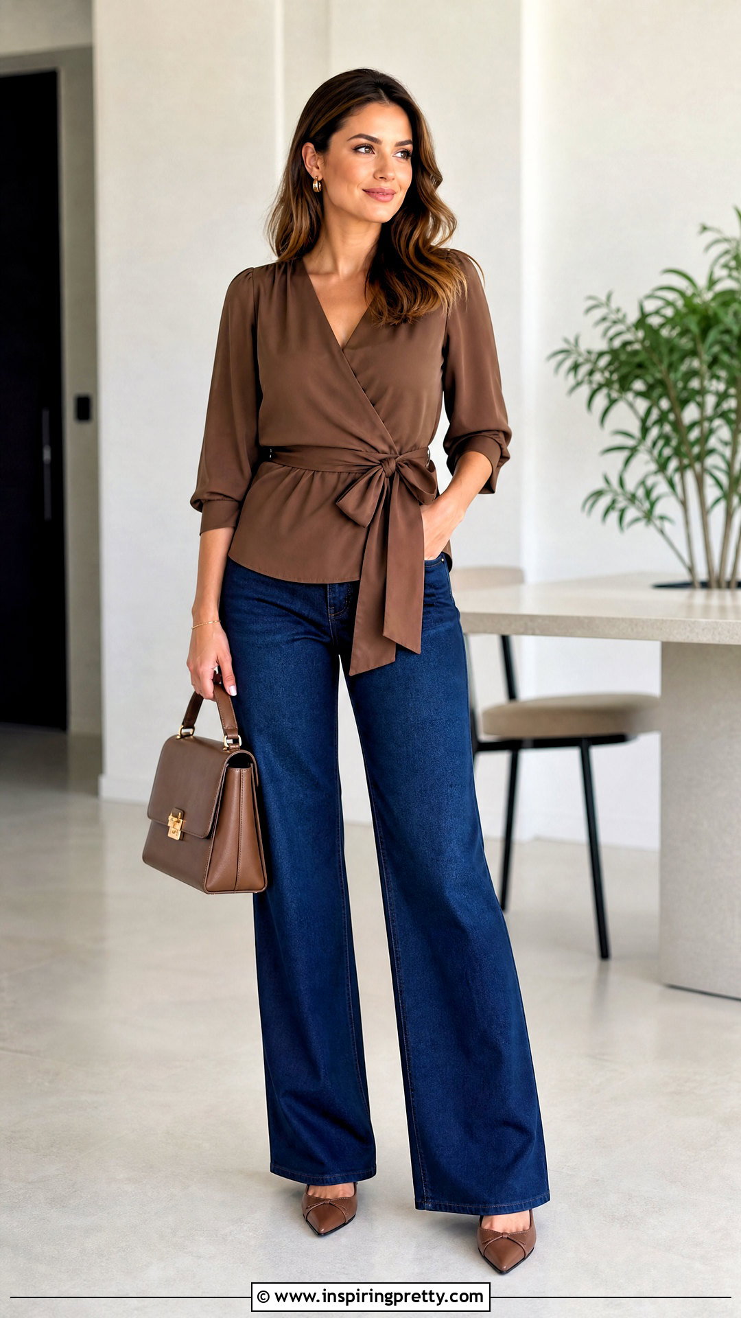 Brown Belted Blouse And Blue Jeans - 50 brown top and blue jeans outfit ideas