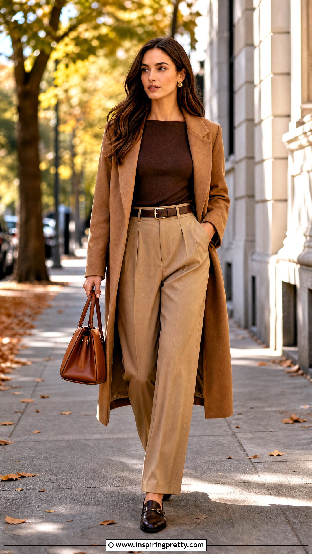 Brown Boat Neck Top With Camel Trousers - 50 boat neck top outfits