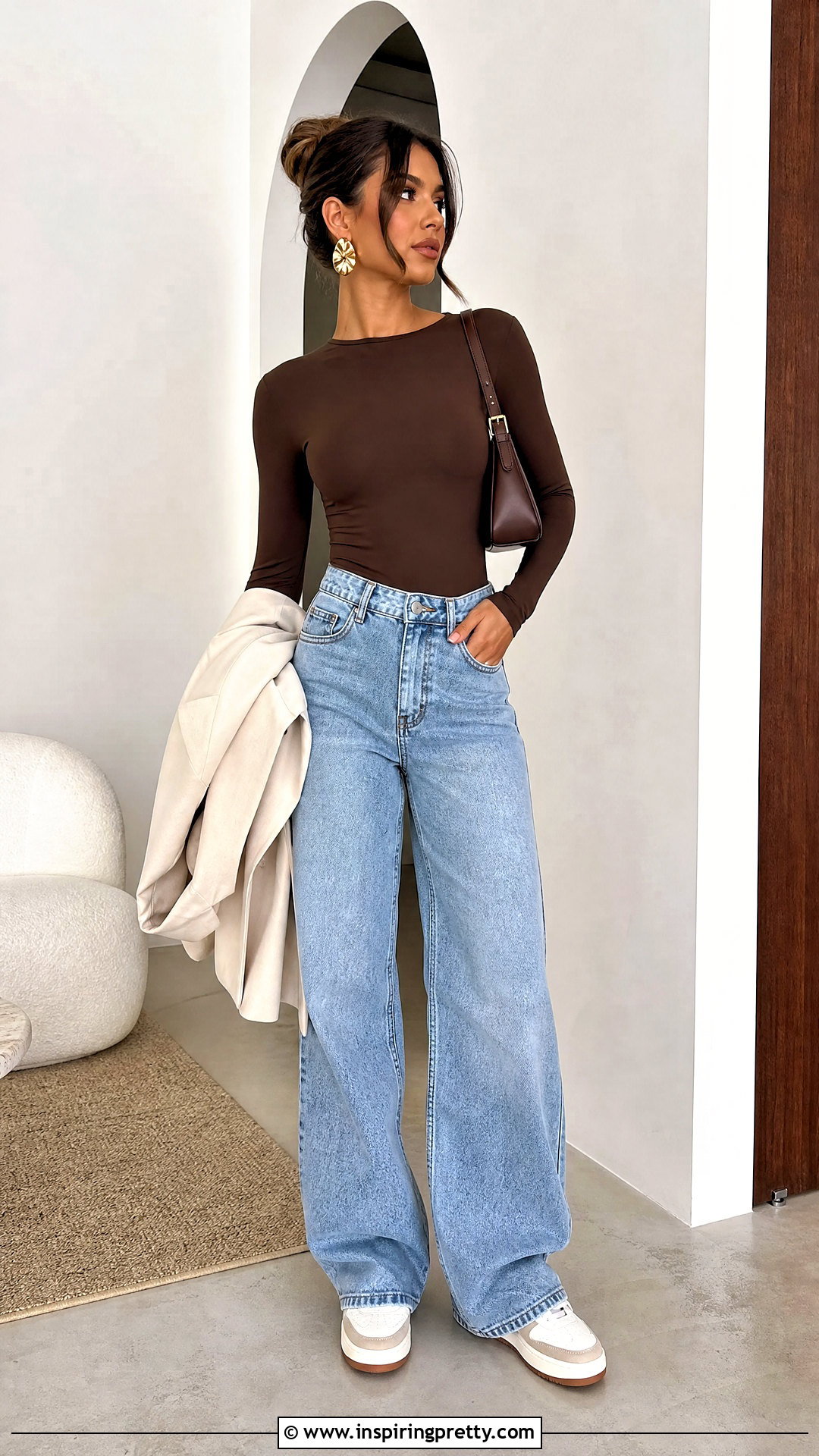 Brown Bodysuit And Wide Leg Blue Jeans - 50 brown top and blue jeans outfit ideas