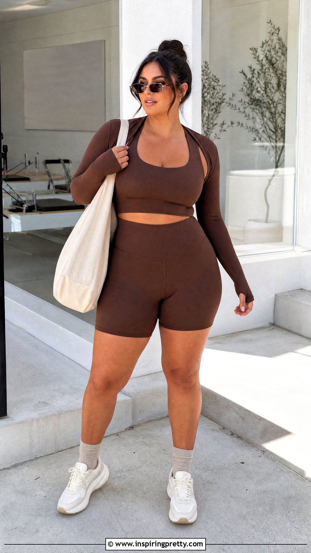 Brown Bolero Workout Top With Matching Biker Shorts - 20 Bolero Workout Top outfit ideas
