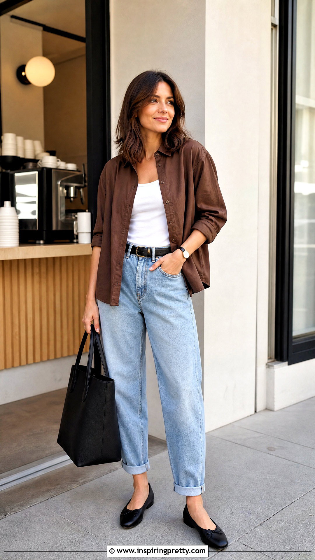 Brown Button Down Shirt And Cuffed Boyfriend Jeans - 20 brown top and jeans outfit ideas