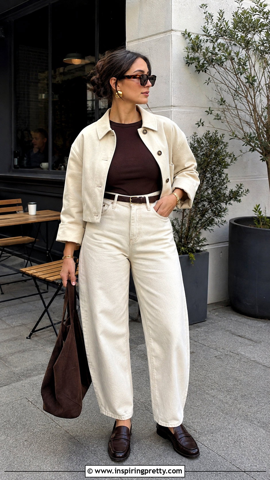 Brown Cleo Top With Ecru Barrel Jeans - 25 Cleo Tops outfit ideas