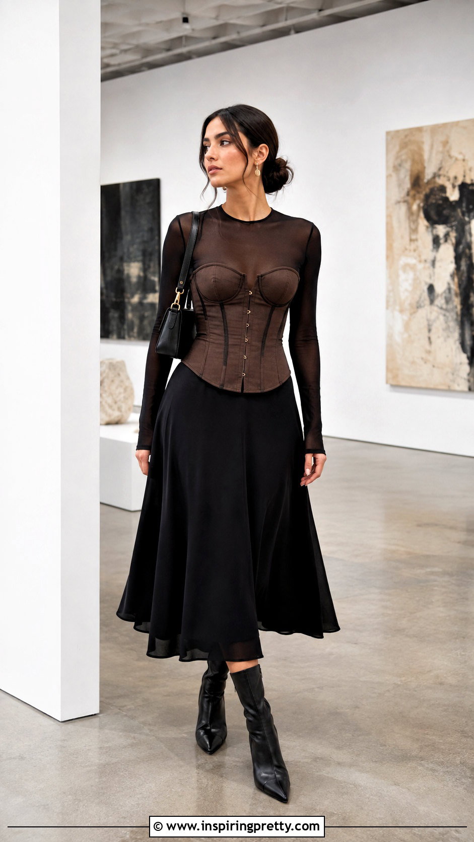 Brown Corset Top Over A Mesh Top And Black Skirt - 50 brown corset top outfit ideas