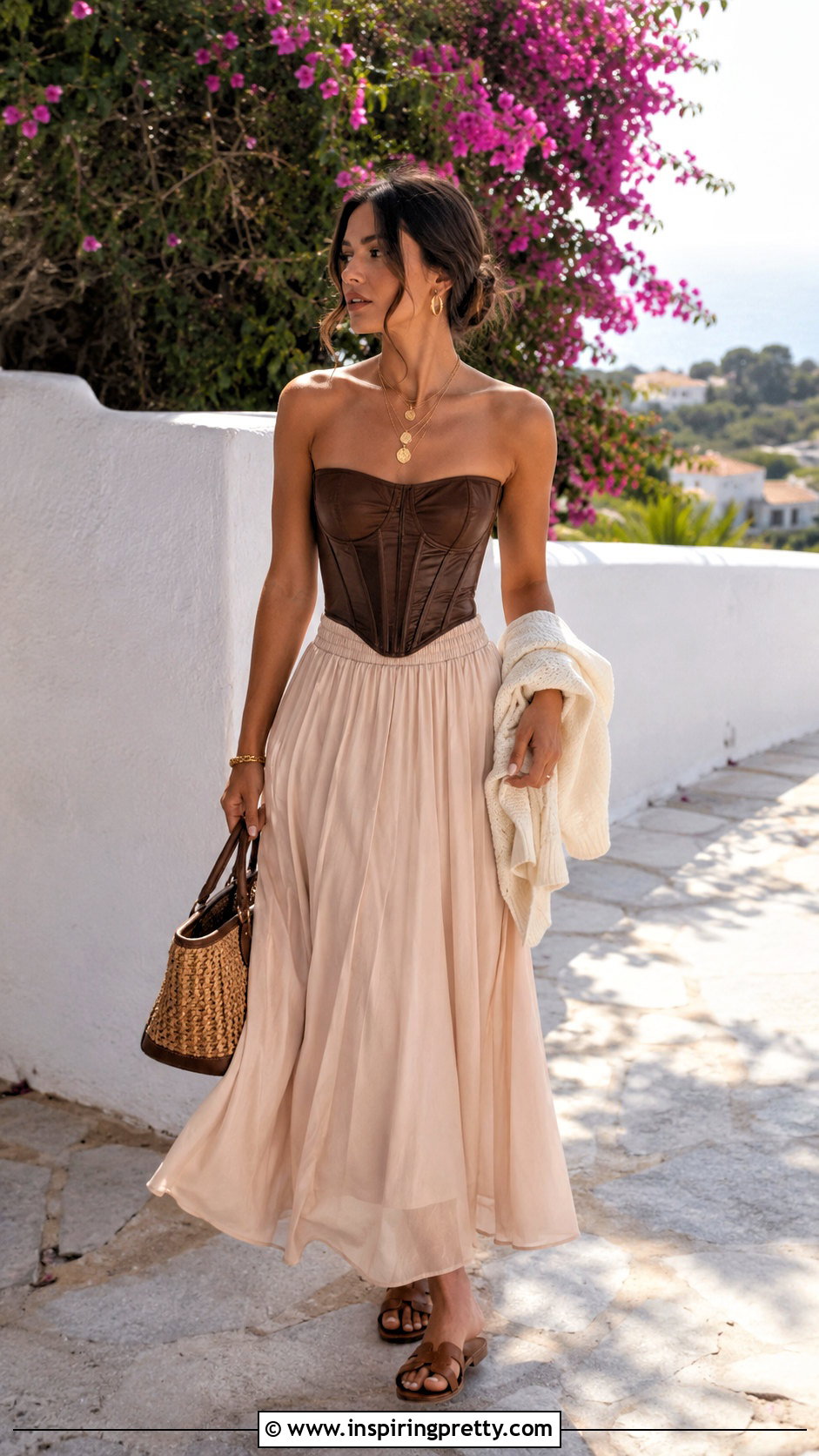 Brown Corset Top With Beige Maxi Skirt - 50 corset top dress outfit ideas