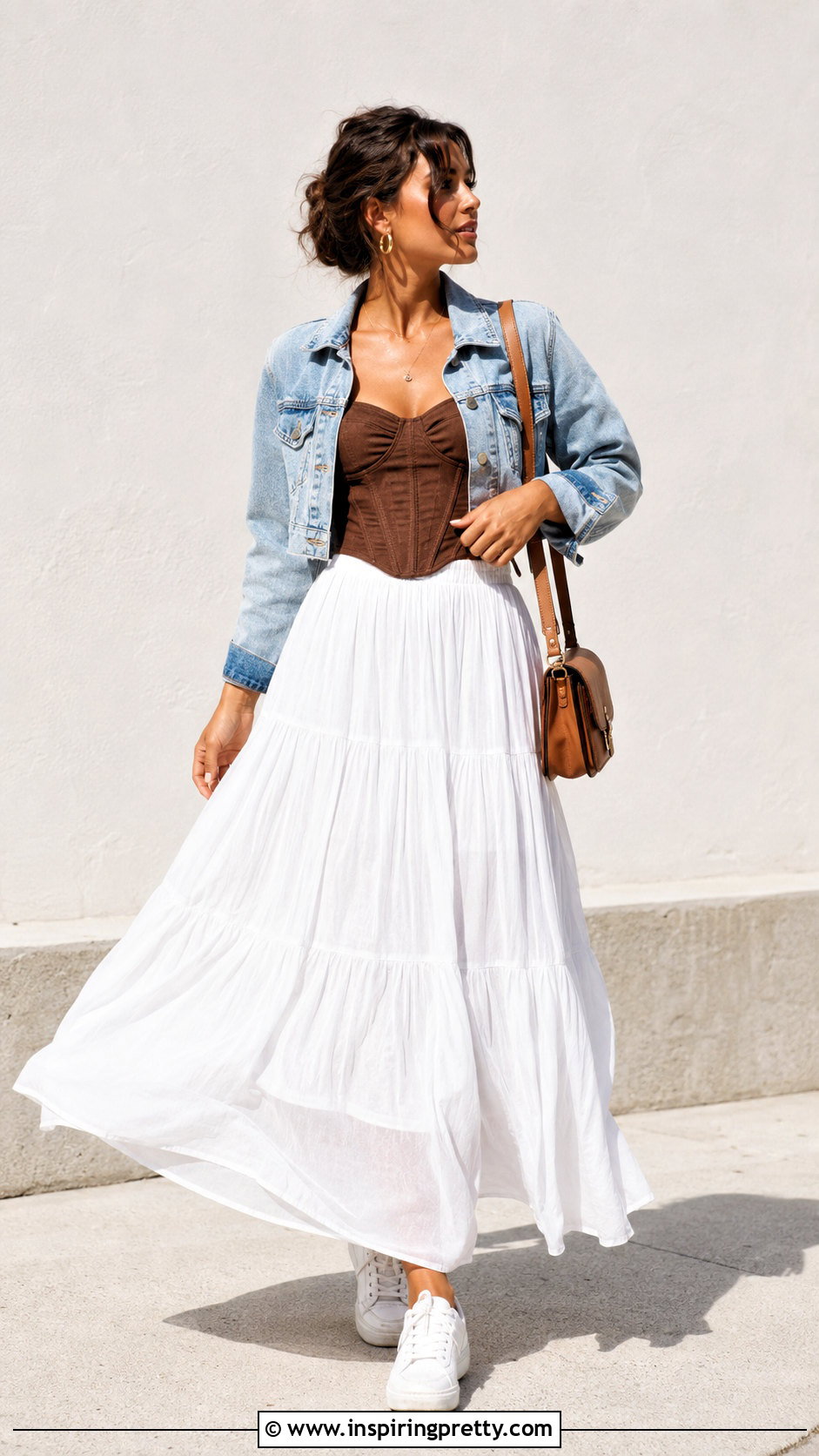 Brown Corset Top With Denim Jacket And White Skirt - 50 brown corset top outfit ideas