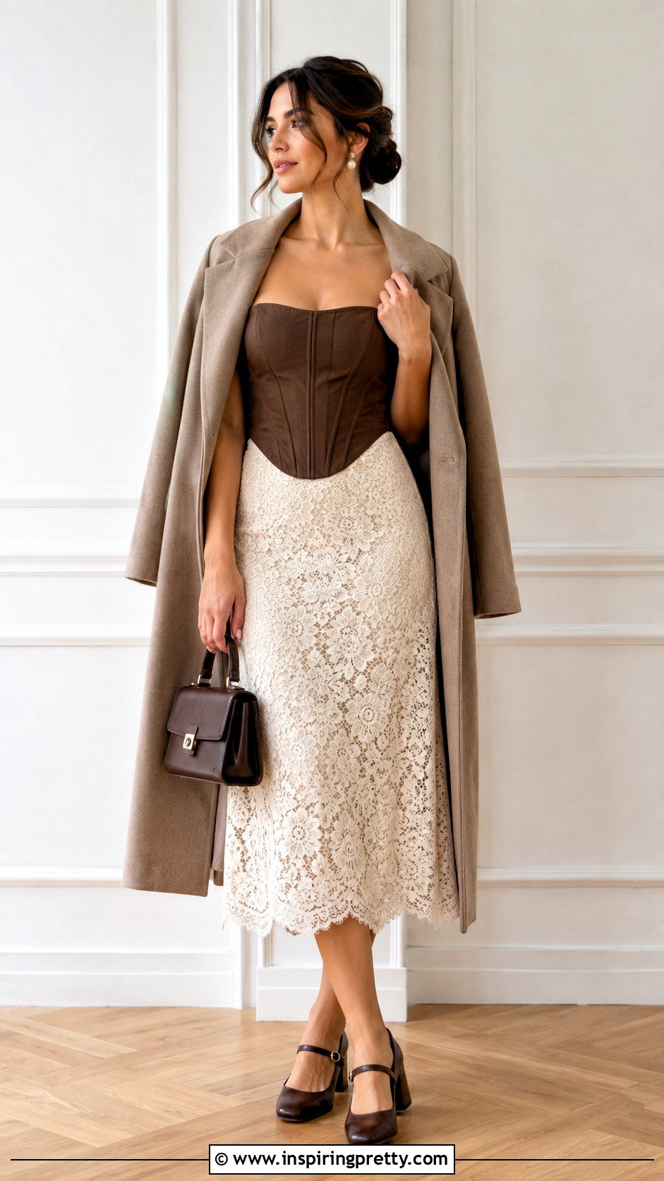 Brown Corset Top With Lace Midi Skirt And Mary Jane Shoes - 50 brown corset top outfit ideas