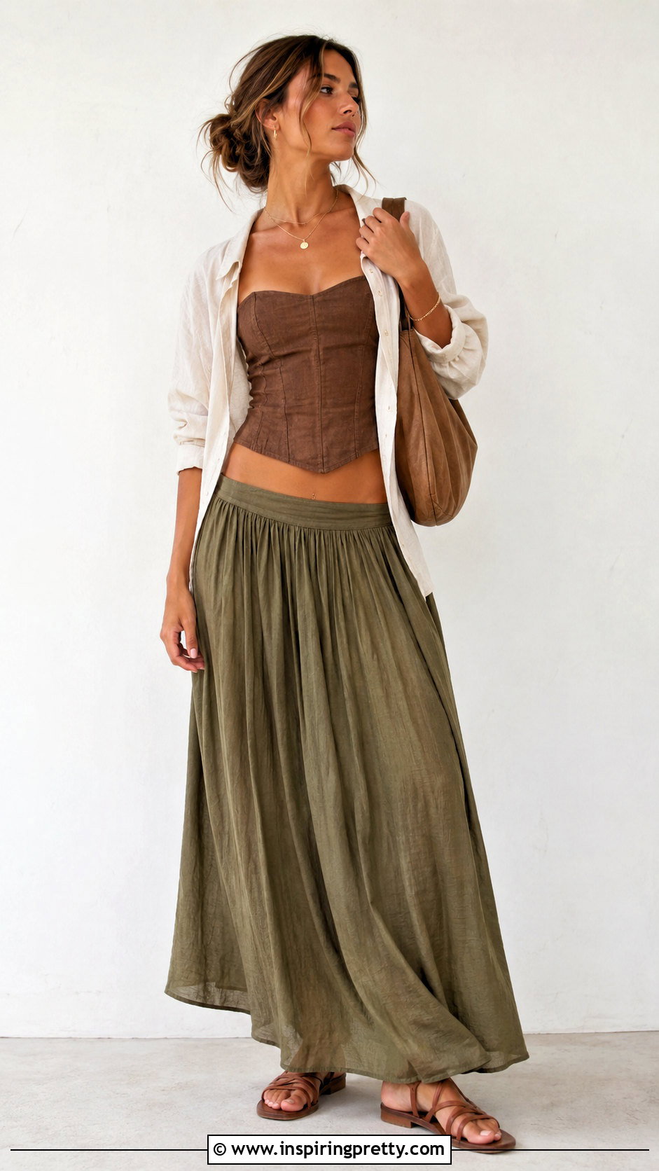 Brown Corset Top With Low Rise Maxi Skirt And Sandals - 50 brown corset top outfit ideas