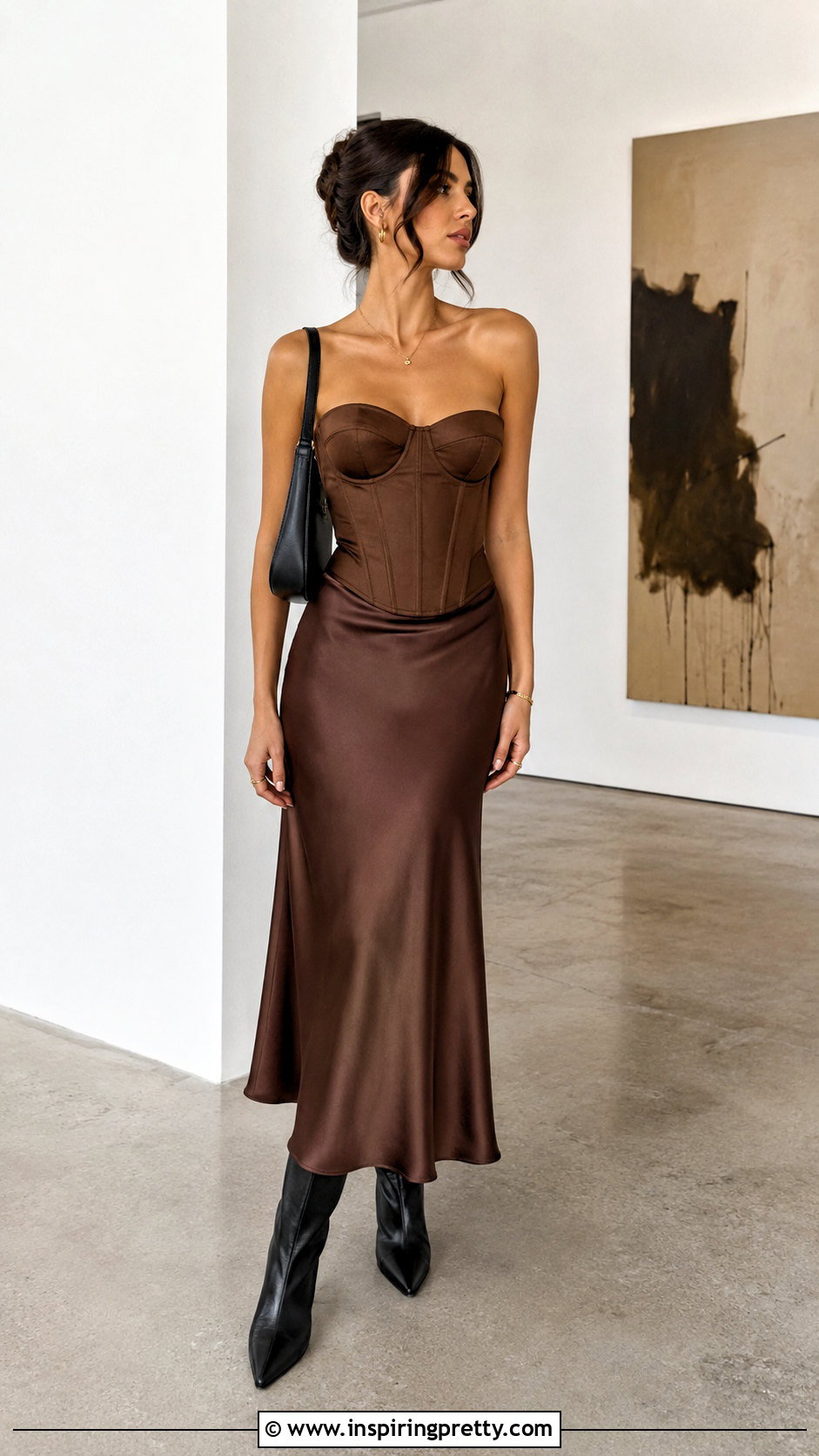 Brown Corset Top With Matching Skirt And Black Boots - 50 brown corset top outfit ideas