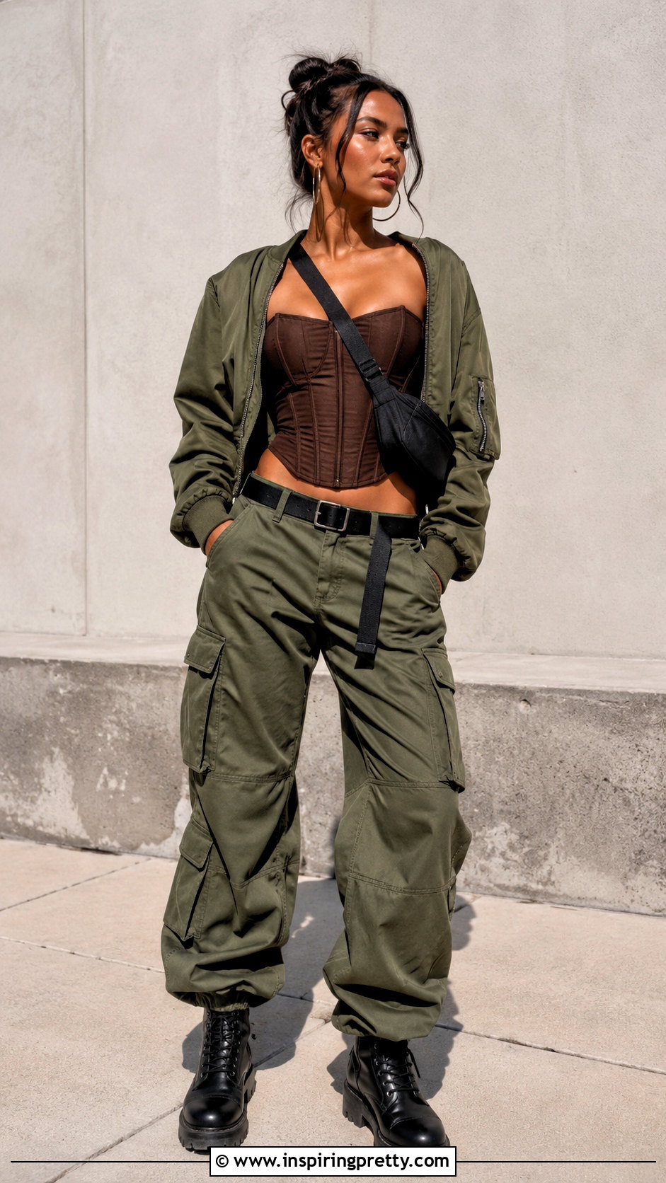 Brown Corset Top With Olive Cargo Pants And Combat Boots - 50 brown corset top outfit ideas