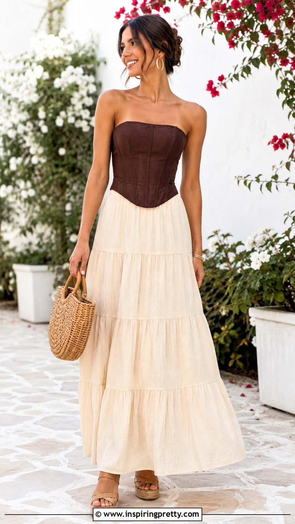 Brown Corset Top With Tiered Maxi Skirt And Espadrilles - 50 brown corset top outfit ideas