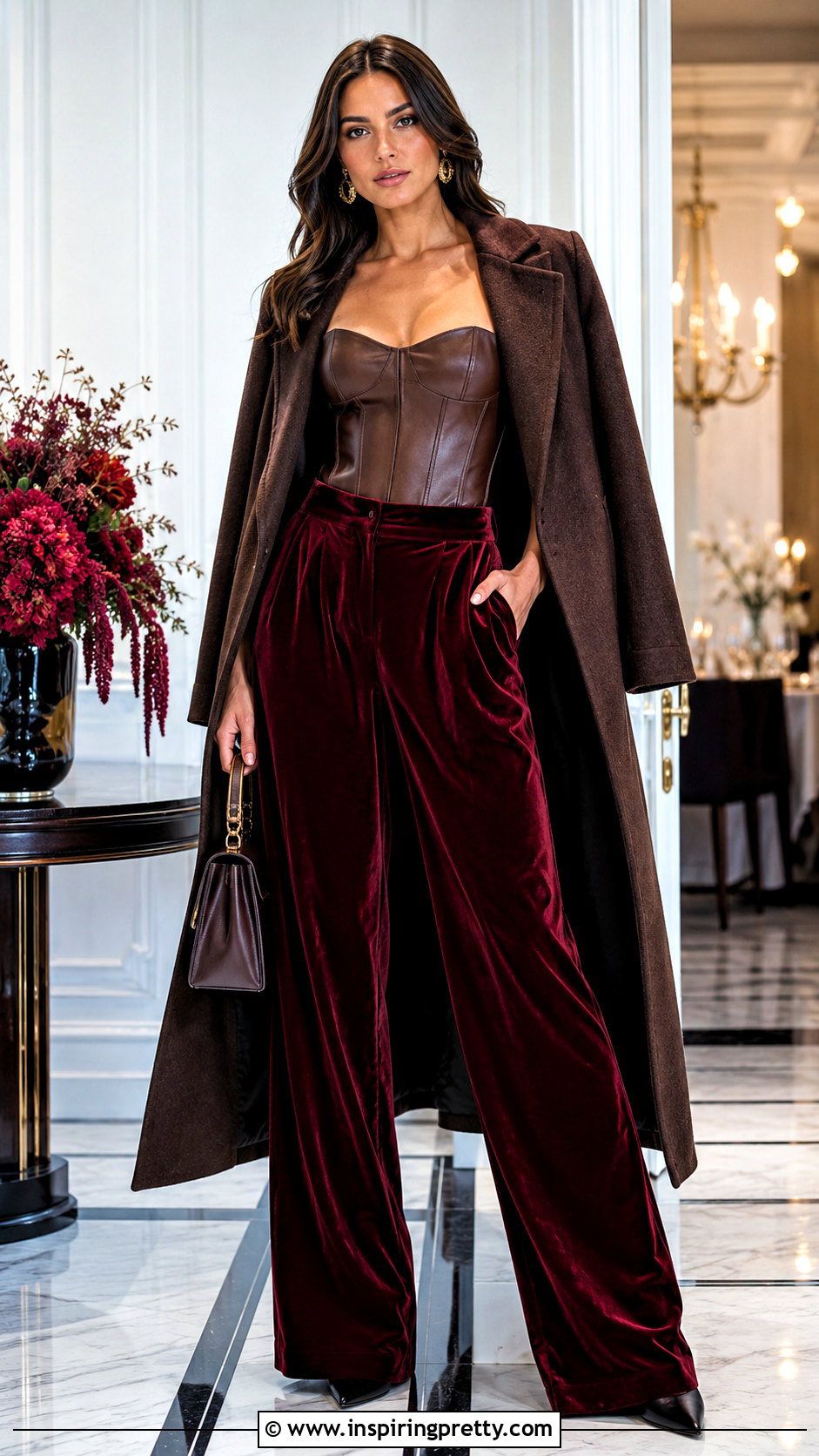 Brown Corset Top With Velvet Trousers And Pumps - 50 brown corset top outfit ideas