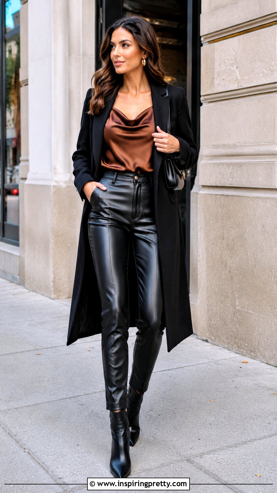 Brown Cowl Neck Top With Faux Leather Pants - 50 cow neck top outfit ideas