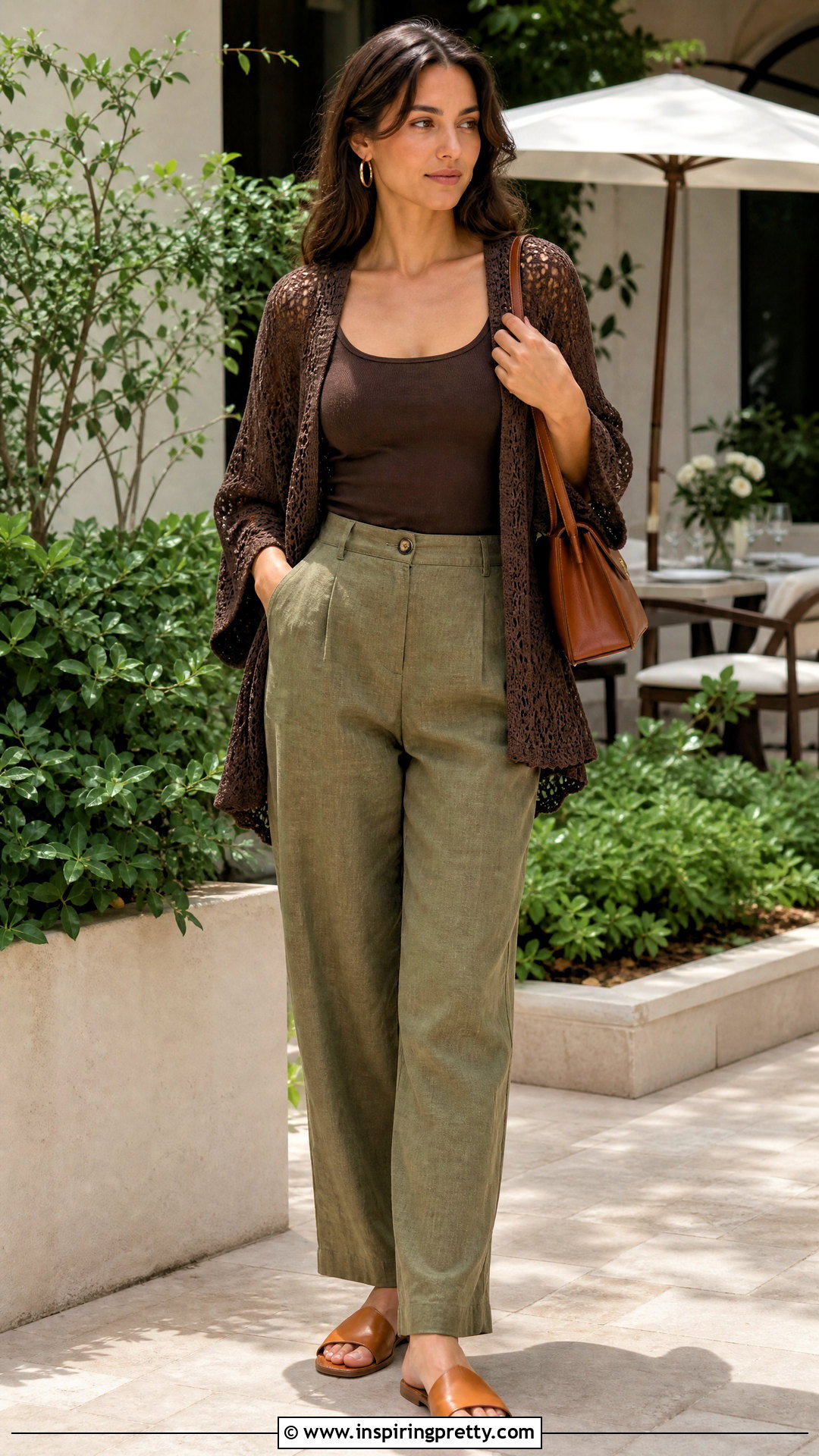 Brown Crochet Flowy Top With Olive Linen Pants - 20 crochet flowy top outfit ideas