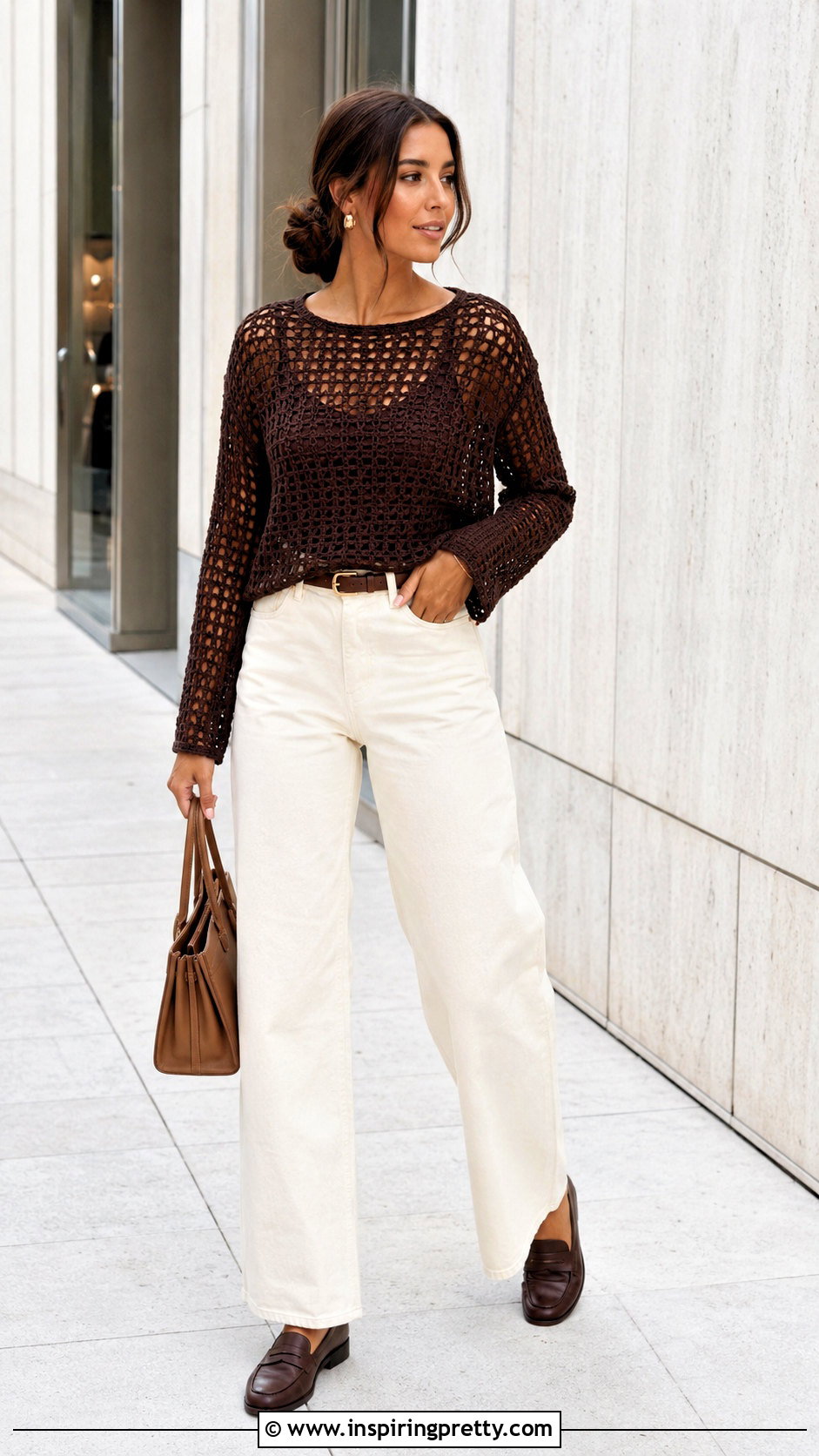 Brown Crochet Mesh Top With Cream Jeans - 50 mesh top crochet ideas