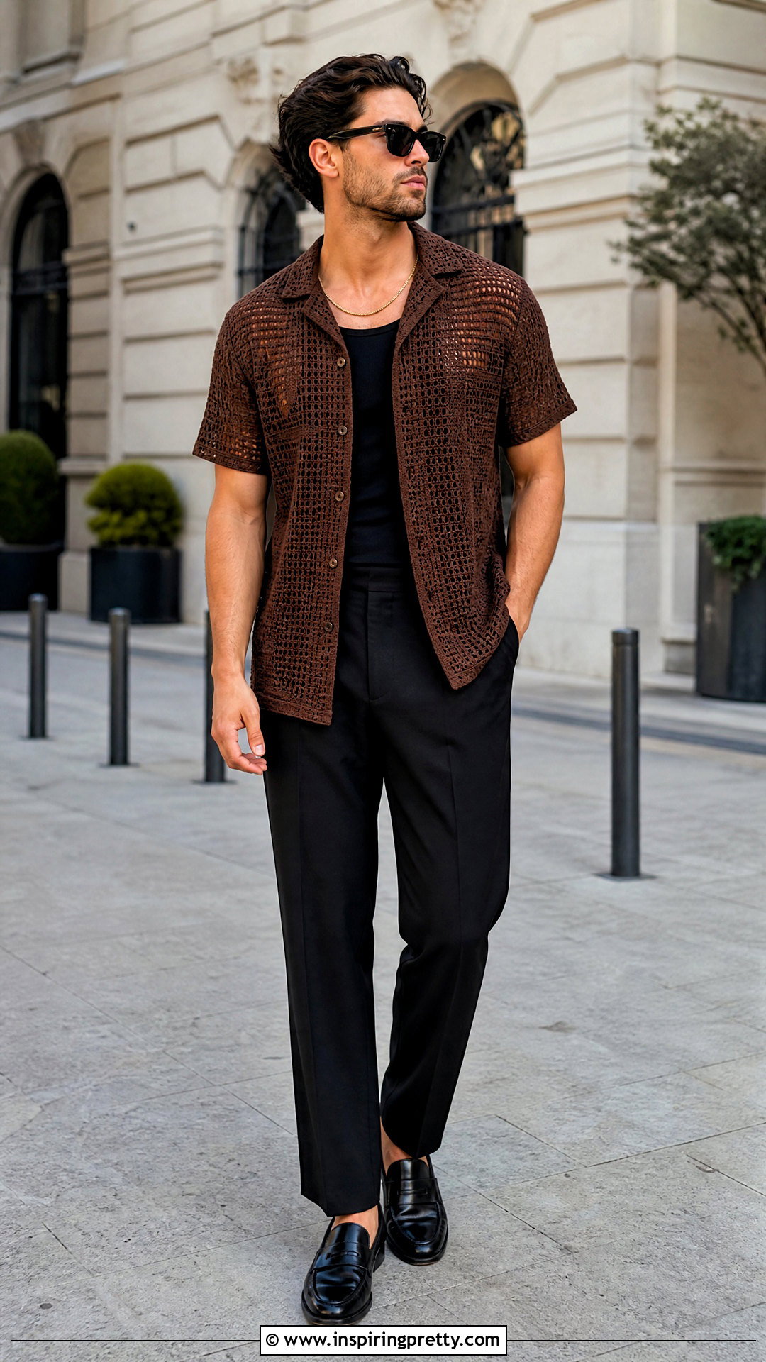 Brown Crochet Shirt With Black Pants - 20 crochet tops for men