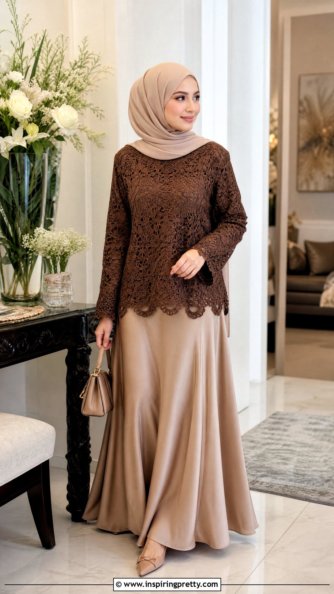 Brown Crochet Top With A Satin Maxi Skirt - 25 crochet top hijabi outfit ideas