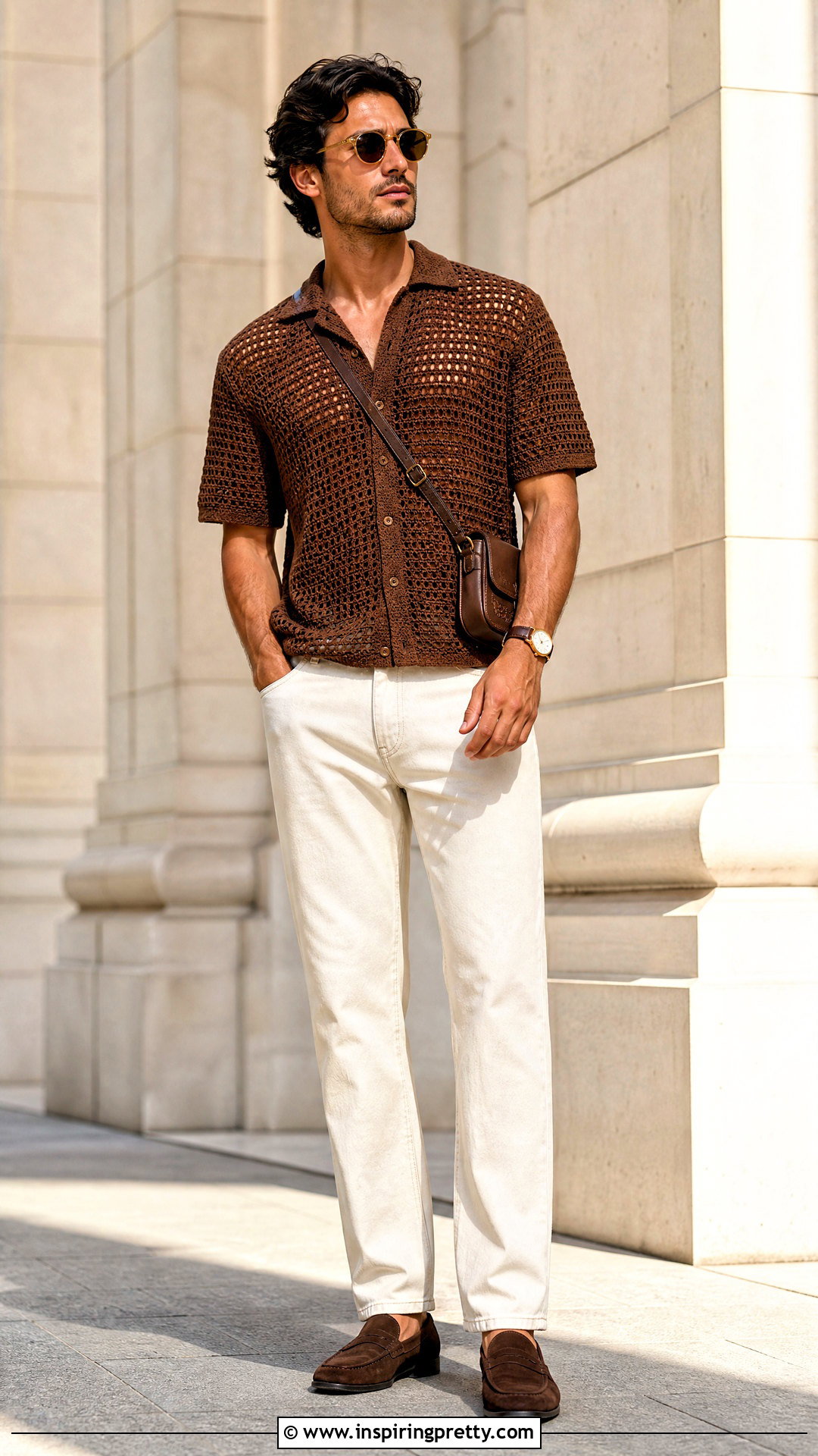 Brown Crochet Top With Ecru Jeans - 50 crochet top for men outfit ideas