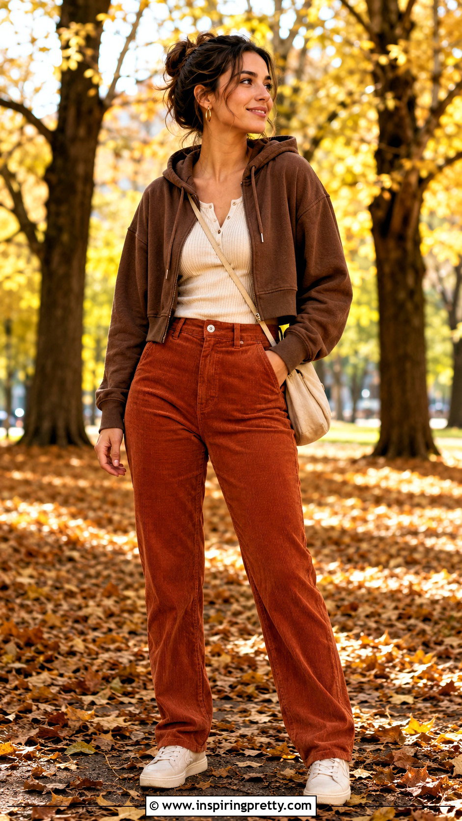Brown Crop Top Hoodie With Henley Shirt And Corduroy Pants - 20 crop top hoodie with shirt underneath outfit ideas