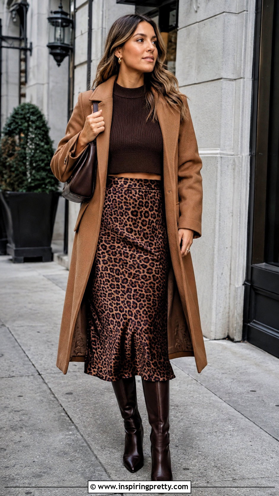 Brown Crop Top Sweater With Leopard Midi Skirt - 25 Crop Top Sweater With Skirt outfits