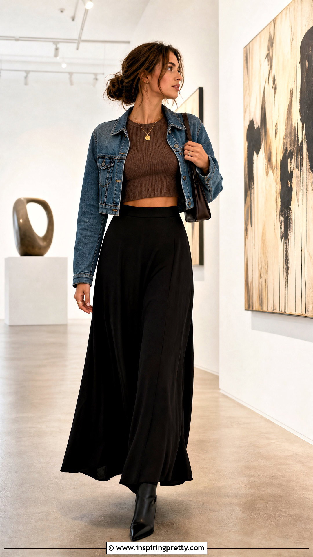 Brown Crop Top With A Black Maxi Skirt - 50 brown crop top outfit ideas