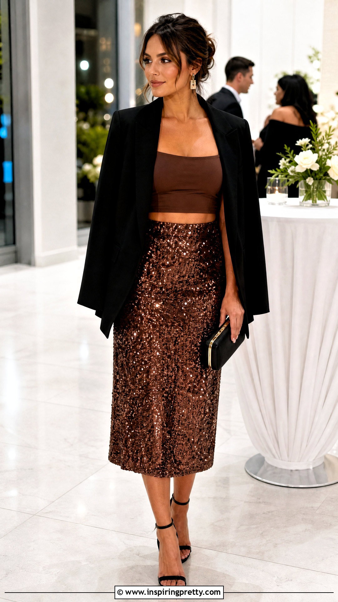 Brown Crop Top With A Sequin Skirt - 50 brown crop top outfit ideas