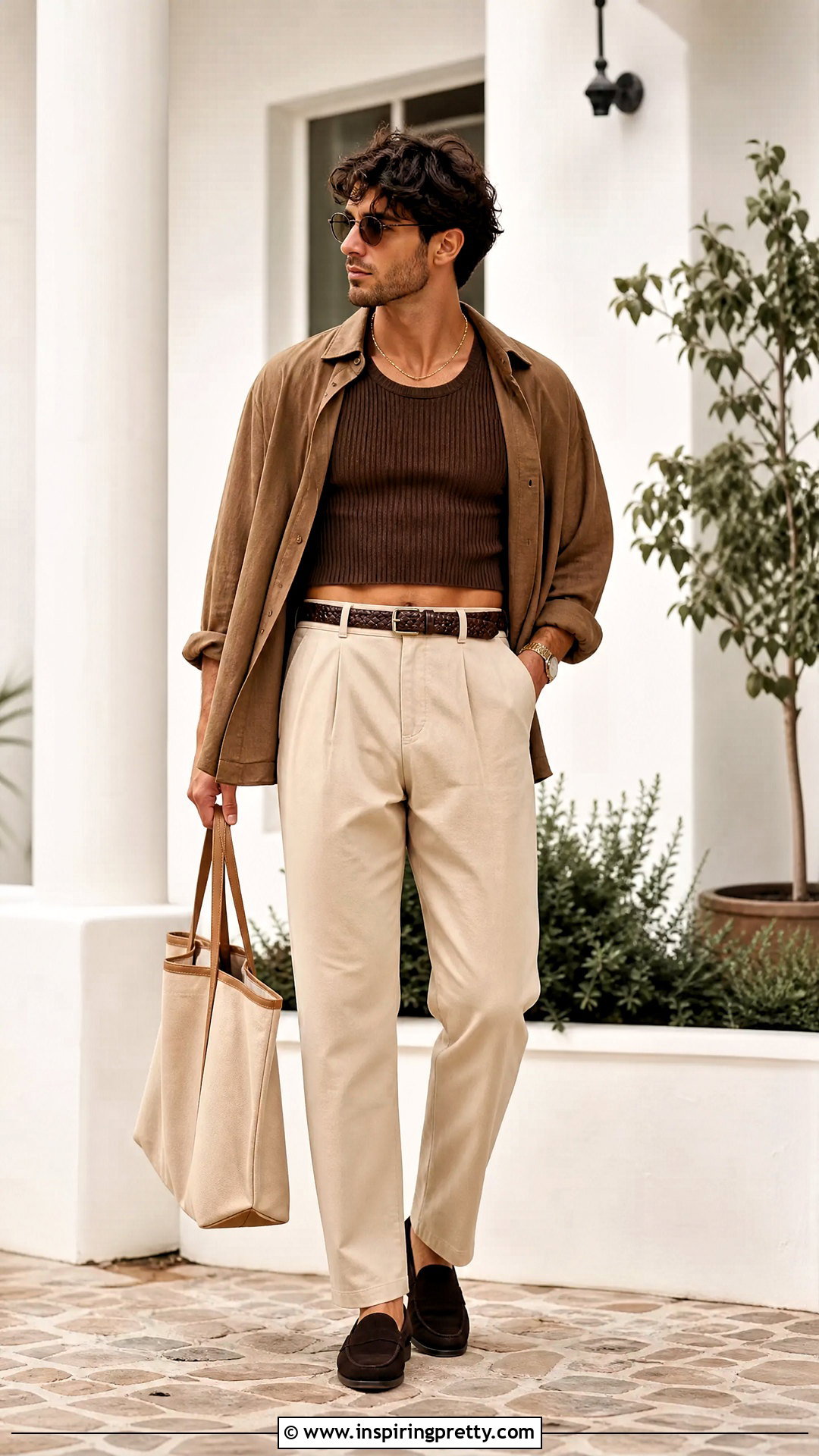 Brown Crop Top With Beige Pants - 50 male crop top outfits