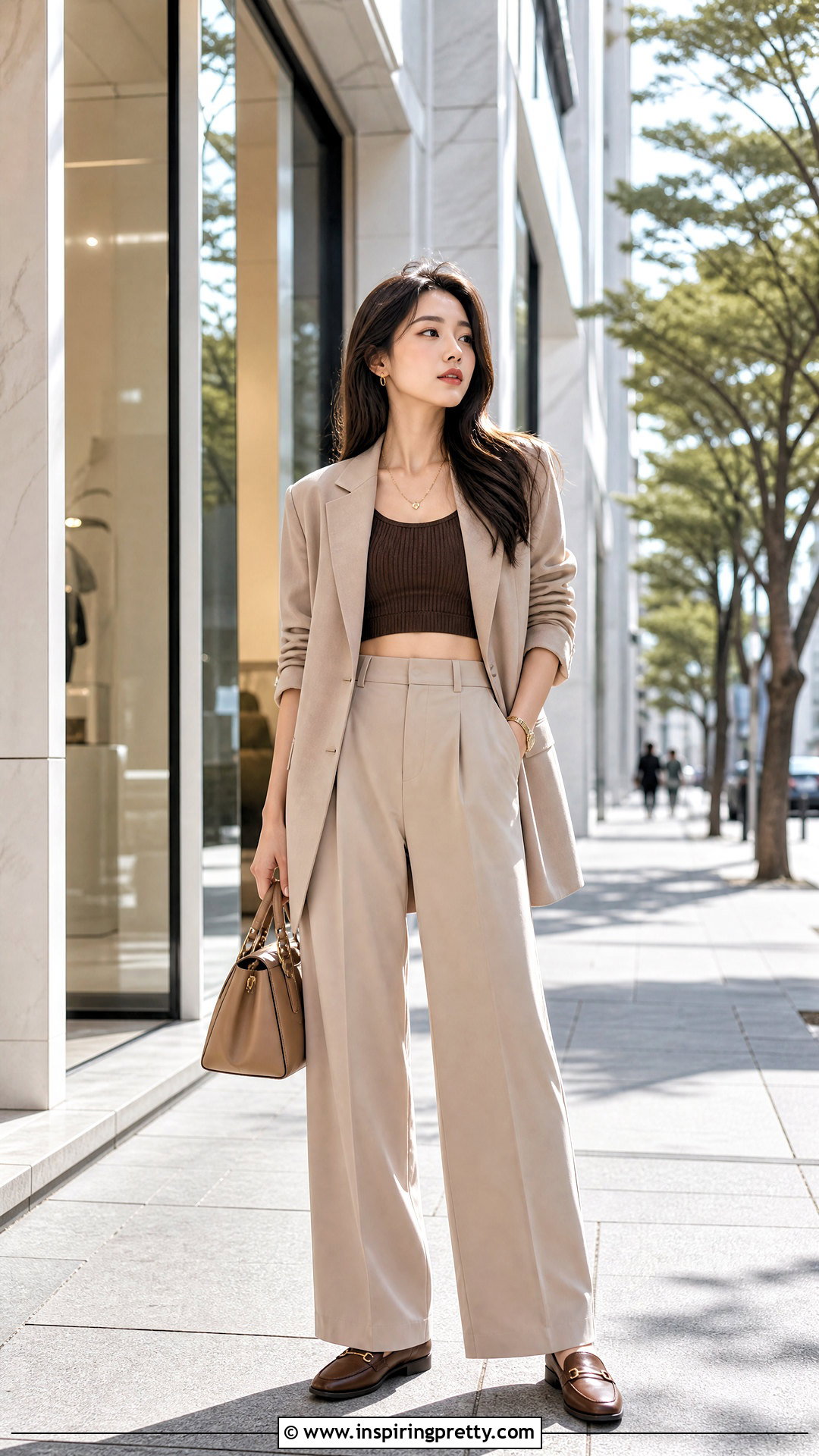 Brown Crop Top With Beige Trousers Outfit - 50 crop top outfits korean styles