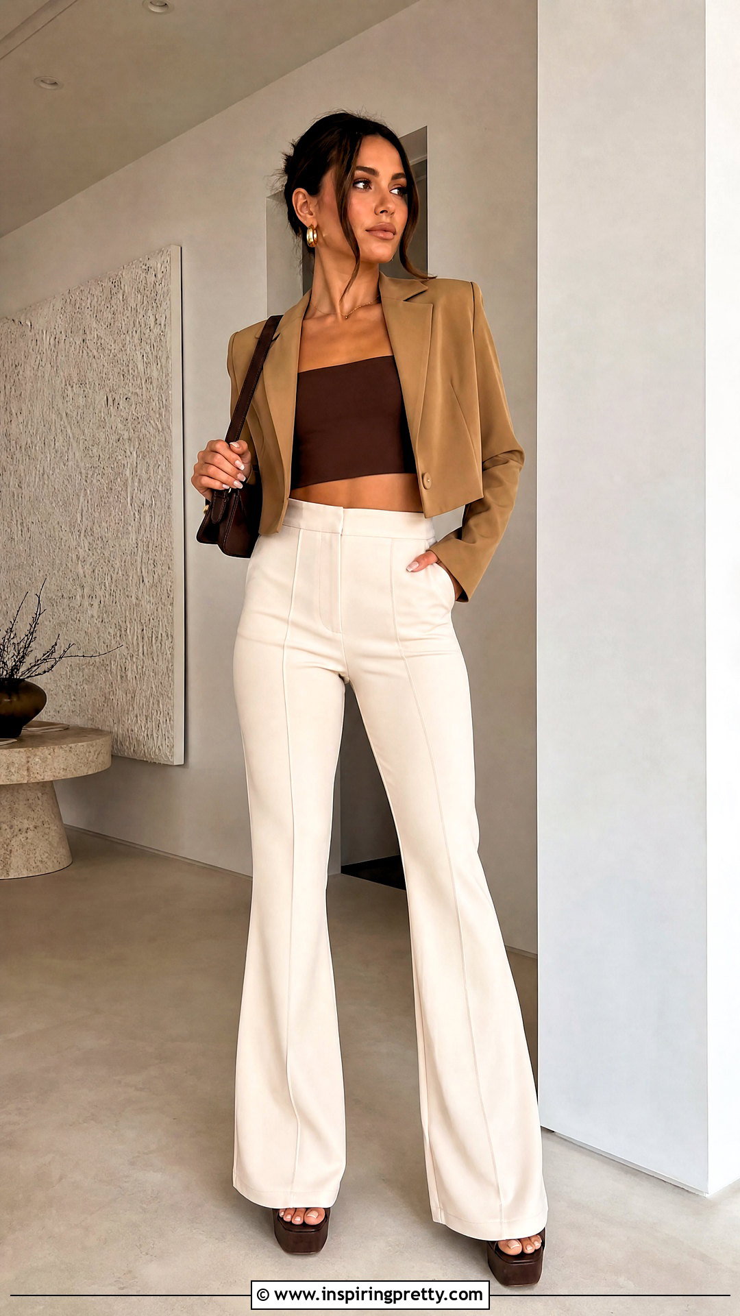 Brown Crop Top With High Rise Flare Pants - 50 brown crop top outfit ideas