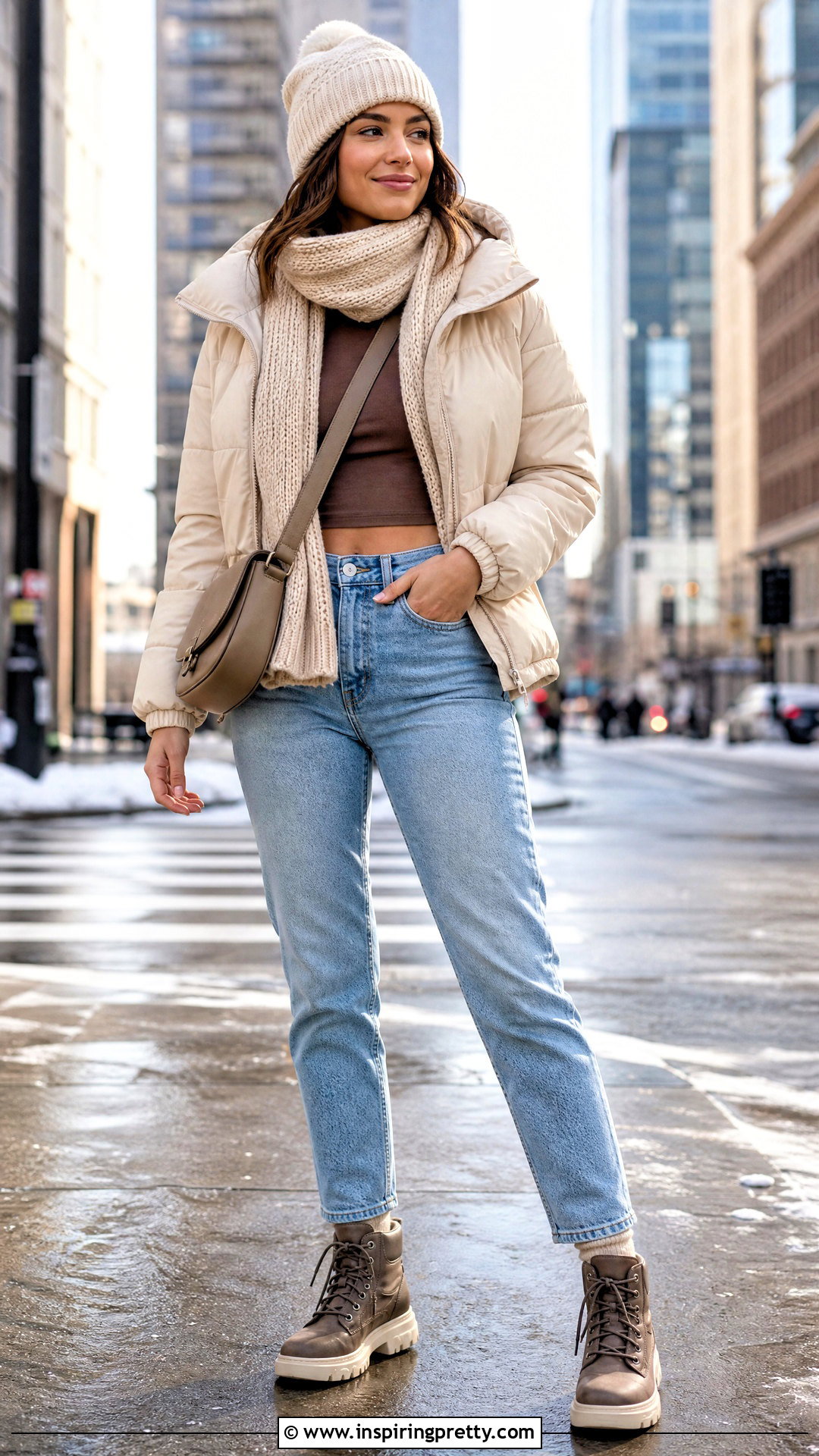 Brown Crop Top With High Waisted Jeans And A Puffer - 50 brown crop top outfit ideas