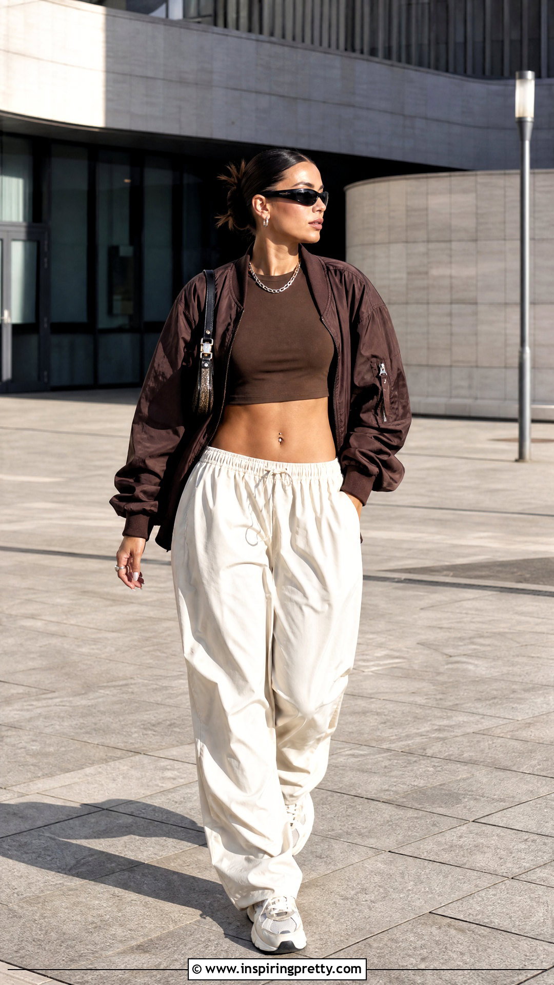 Brown Crop Top With Parachute Pants - 50 brown crop top outfit ideas