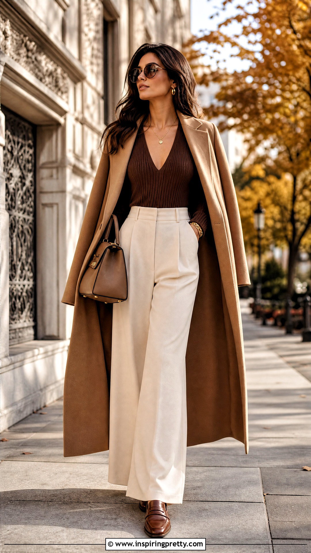 Brown Deep Neck Top With Cream Pants - 50 deep neck tops outfit ideas